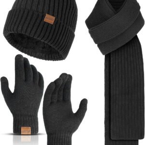 Helixoria Winter Accessories Set for Men: Beanie Hat, Scarf, and Touchscreen Gloves for Men and Women