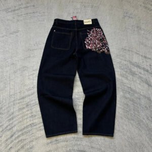 Helixoria Cherry Blossom Embroidered Baggy Jeans  Y2K Low Waist Wide Leg, Unisex
